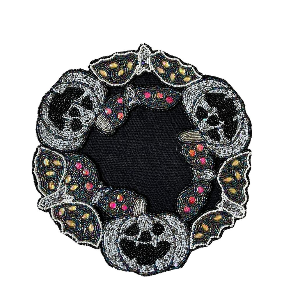 Tahari Halloween Beaded Placemat 15in BATS PUMPKINS Spooky Sparkle NEW - Picture 1 of 10